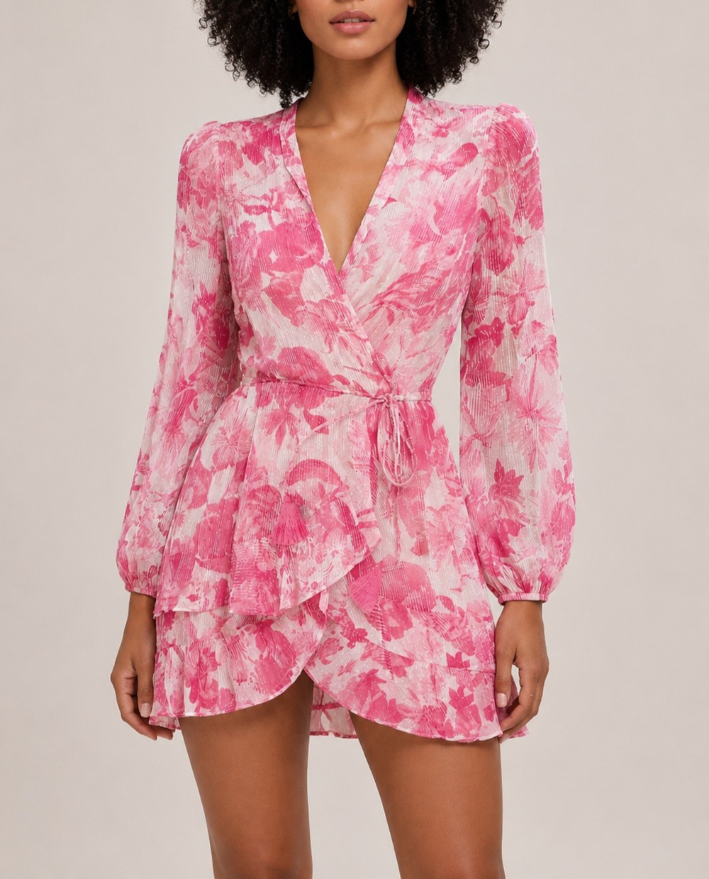 Rococo Sand Cerise Pink Floral V Neck Long Sleeve Mini Dress Size Small